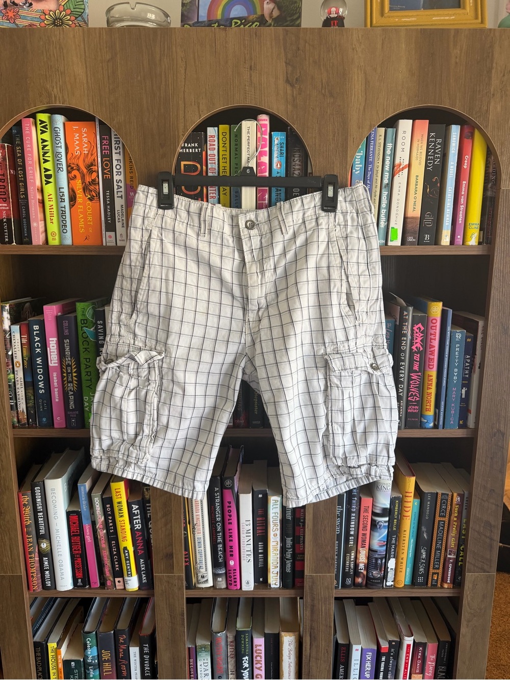 Levi's White Cargo Shorts with Gray Windowpane Grid